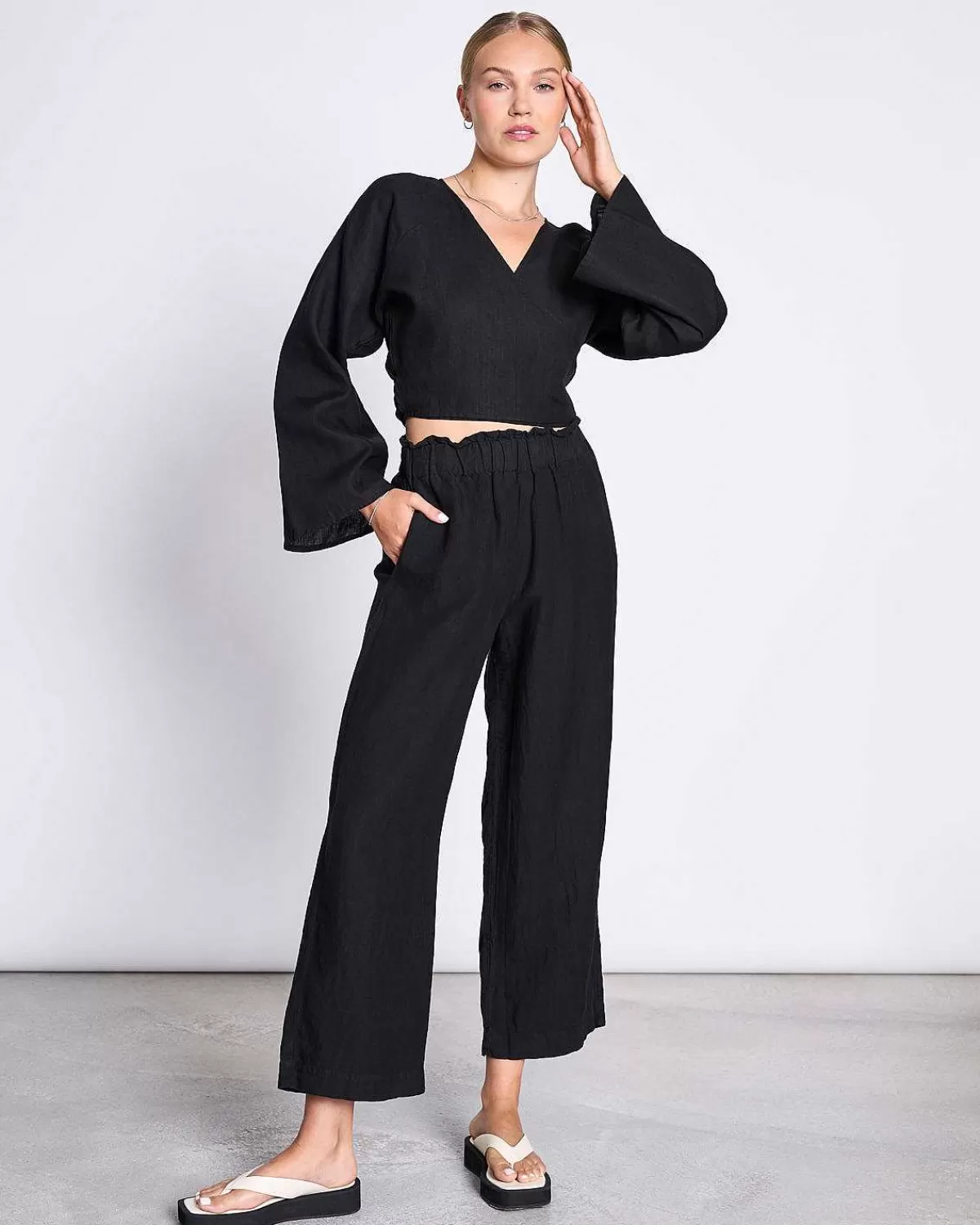 Linen Wrap Blouse Rora Black>JAN 'N JUNE Cheap